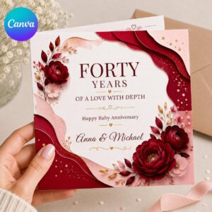 40th Anniversary Greeting Card, Ruby Wedding Card for Couple, Elegant Red Floral Printable Editable Card Canva Template