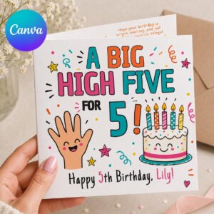 5th Birthday Greeting Card, Big High Five Printable for Five Year Old Child, Colorful Editable Folded Card Canva Template