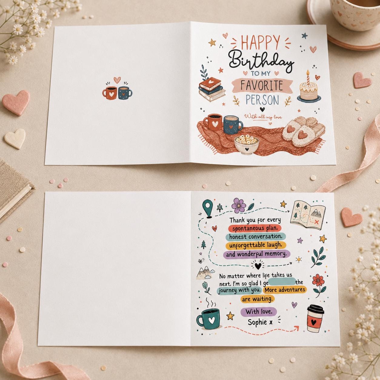 Birthday Greeting Card for Favorite Person, Cozy Sentimental Printable, Colorful Editable Folded Card Canva Template - Image 3