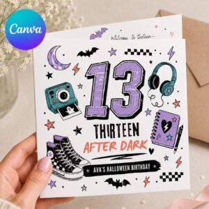 13th Halloween Birthday Greeting Card for Teen Girl, Spooky Purple Printable Editable Folded Card Canva Template