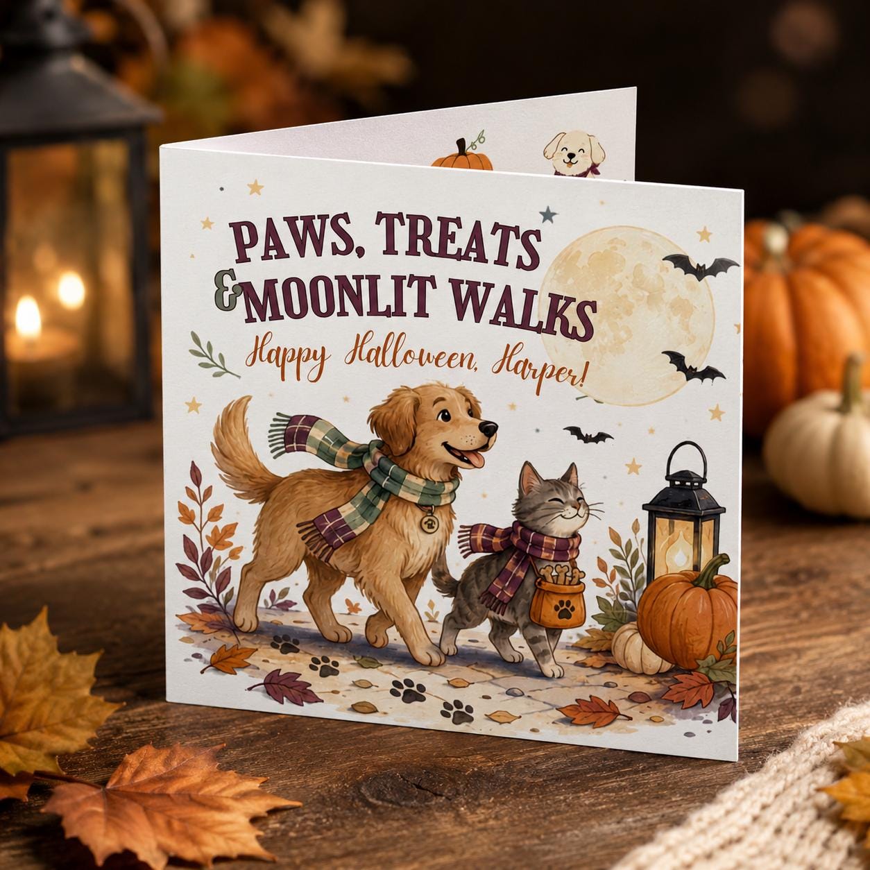 Pet Halloween Greeting Card, Dog and Cat Moonlight Walks Printable, Cozy Autumn Editable Folded Card Canva Template - Image 6