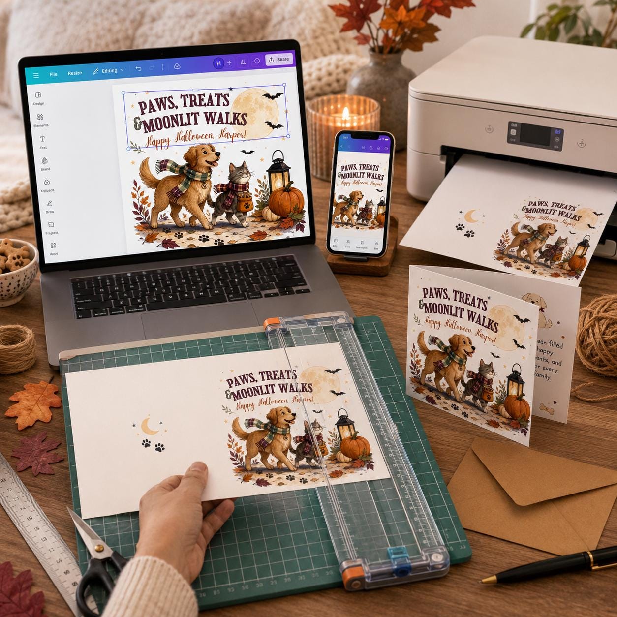 Pet Halloween Greeting Card, Dog and Cat Moonlight Walks Printable, Cozy Autumn Editable Folded Card Canva Template - Image 5