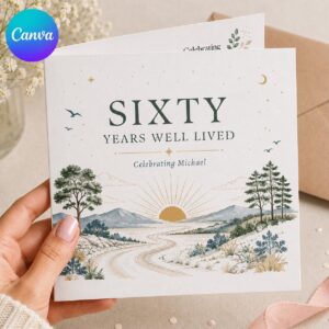 60th Birthday Greeting Card for Him, Elegant Scenic Milestone Printable, Editable Folded Card Canva Template