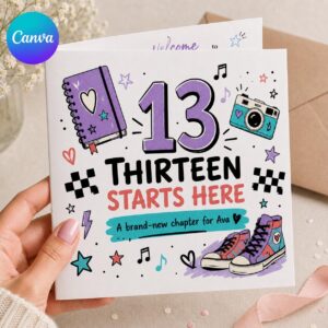 13th Birthday Greeting Card for Teen Girl, Thirteen Starts Here Printable, Editable Folded Card Canva Template