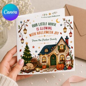 Family Halloween Greeting Card, From Our Home to Yours Printable, Cozy House Editable Folded Card Canva Template