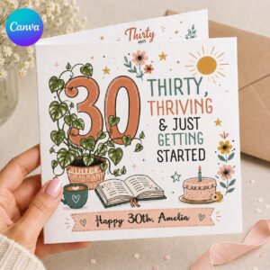 30th Birthday Greeting Card for Her, Thirty and Thriving Printable, Floral Editable Folded Card Canva Template