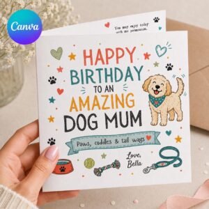 Dog Mum Birthday Greeting Card, Funny Printable Card from the Dog, Colorful Editable Folded Card Canva Template