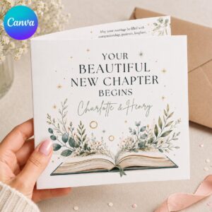 Wedding Greeting Card, Personalized New Chapter Card for Couple, Botanical Book Wedding Card, Printable Editable Canva Template