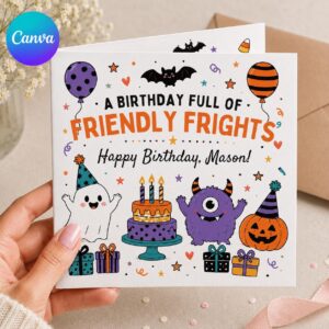 Halloween Birthday Greeting Card for Kids, Friendly Frights Monster Card, Personalized Printable Canva Template