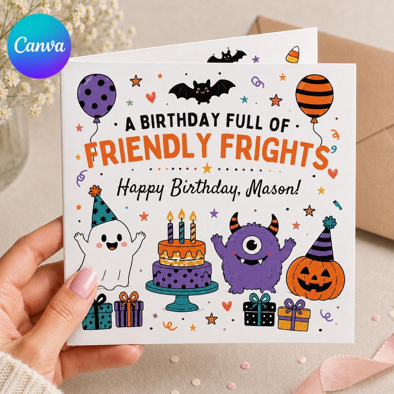 Halloween Birthday Greeting Card for Kids, Friendly Frights Monster Card, Personalized Printable Canva Template