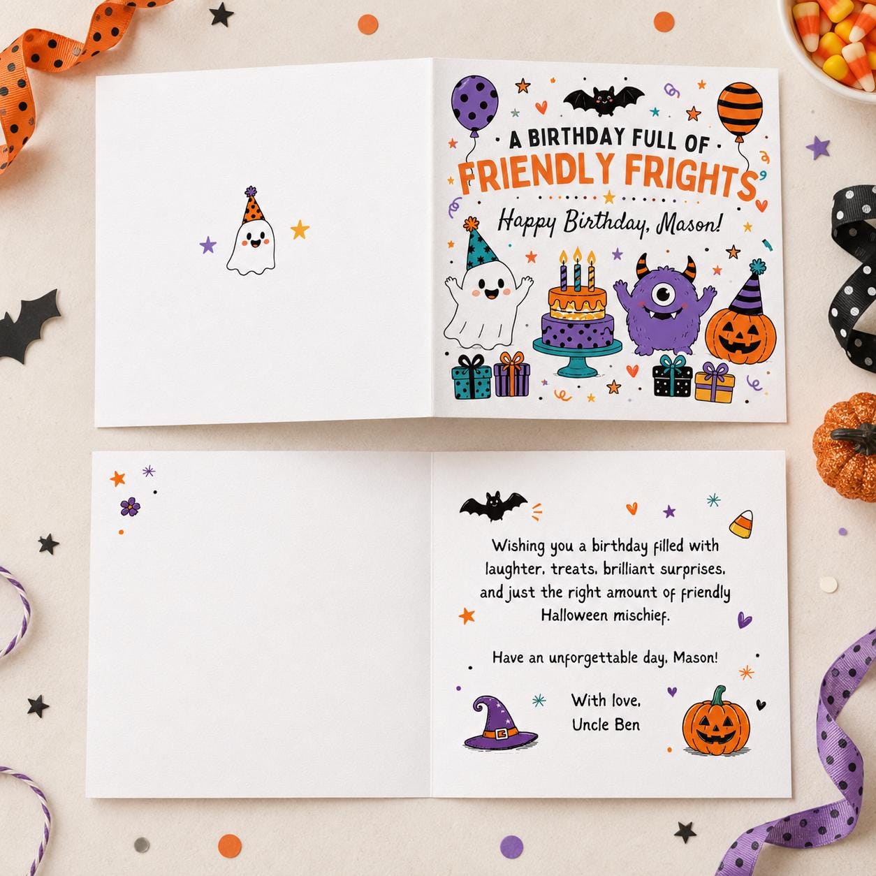 Halloween Birthday Greeting Card for Kids, Friendly Frights Monster Card, Personalized Printable Canva Template - Image 4