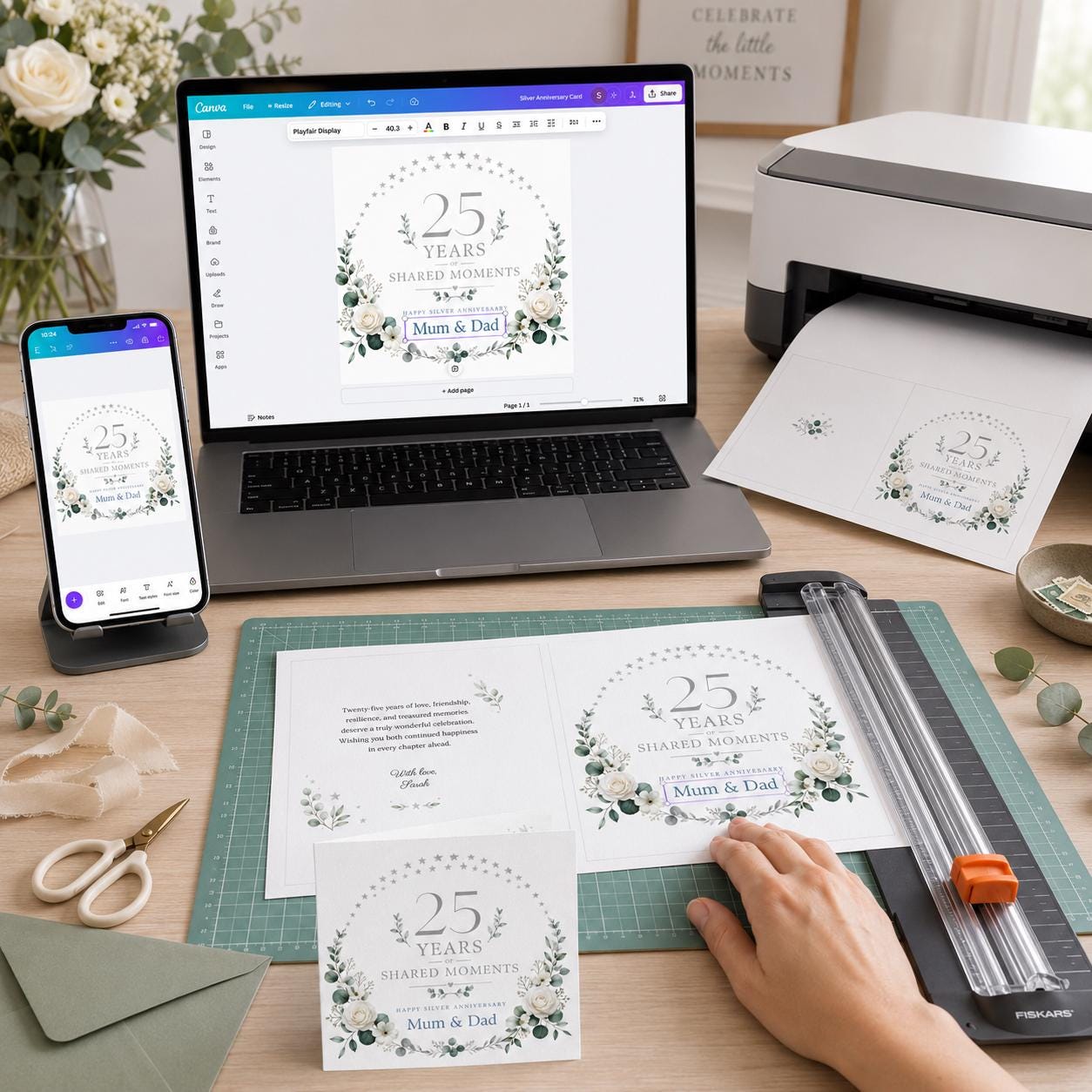 25th Anniversary Greeting Card for Mum and Dad, Silver Wedding Floral Card, Personalized Printable Canva Template - Image 5