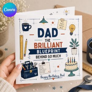 Dad Birthday Greeting Card, Personalized Blueprint Tool Card for Dad, Funny Printable Editable Canva Template