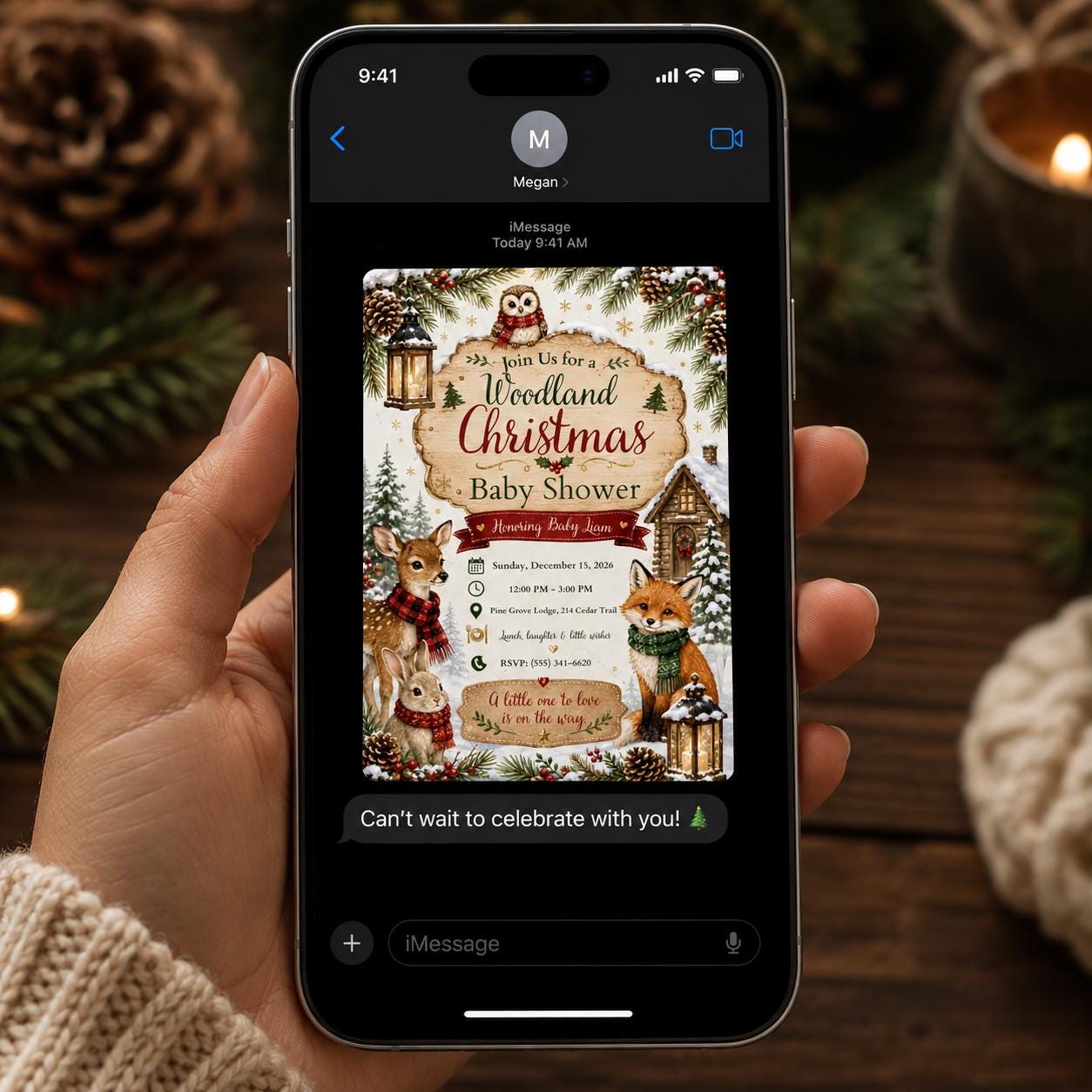 Woodland Christmas Baby Shower Invitation, Winter Forest Animals Deer Fox Owl Rustic Holiday Invite, Editable Canva Template - Image 3