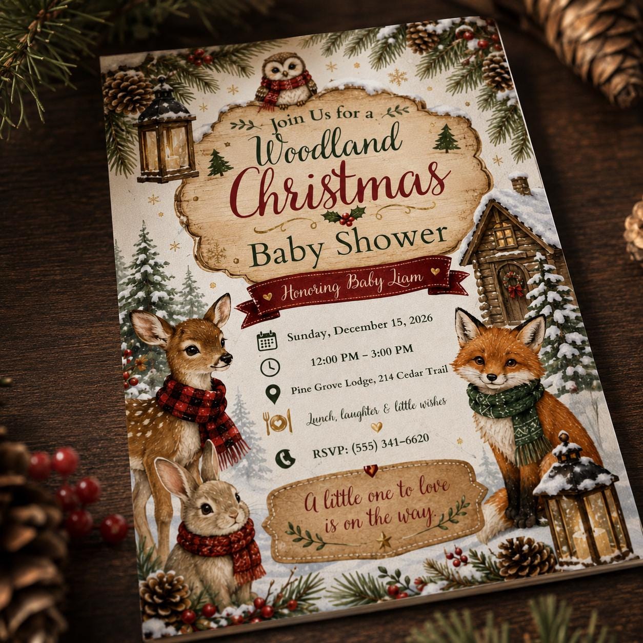 Woodland Christmas Baby Shower Invitation, Winter Forest Animals Deer Fox Owl Rustic Holiday Invite, Editable Canva Template - Image 6