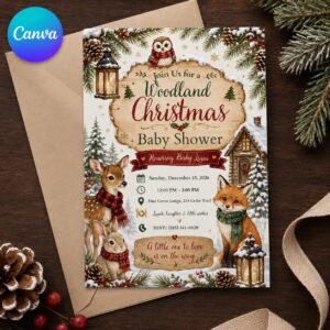 Woodland Christmas Baby Shower Invitation, Winter Forest Animals Deer Fox Owl Rustic Holiday Invite, Editable Canva Template