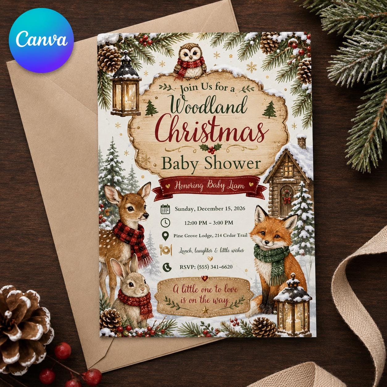 Woodland Christmas Baby Shower Invitation, Winter Forest Animals Deer Fox Owl Rustic Holiday Invite, Editable Canva Template