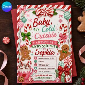 Christmas Baby Shower Invitation, Baby It's Cold Outside Pink Candy Cane Gingerbread Holiday Invite, Editable Canva Template
