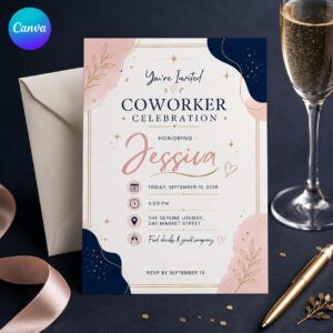 Coworker Party Invitation, Elegant Employee Appreciation Celebration, Navy Blush Gold Editable Office Invite, Canva Template