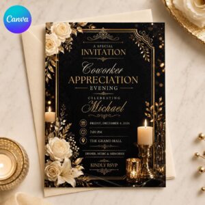 Coworker Appreciation Invitation, Elegant Black Gold Employee Dinner, Editable Canva Template