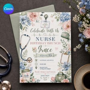 Nurse Birthday Brunch Invitation, Floral Healthcare Celebration, Editable Printable Canva Template
