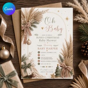 Boho Christmas Baby Shower Invitation, Neutral Winter Holiday Invite, Gender Neutral Oh Baby, Editable Canva Template