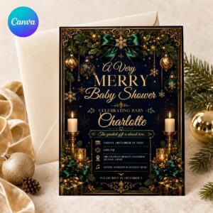 Christmas Baby Shower Invitation, Elegant Navy Green Gold Holiday Winter Invite, Merry Little Baby, Editable Canva Template