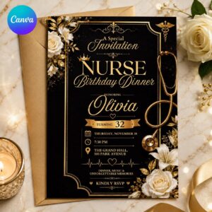 Nurse Birthday Dinner Invitation, Elegant Black Gold 32nd Medical Party Editable Canva Template