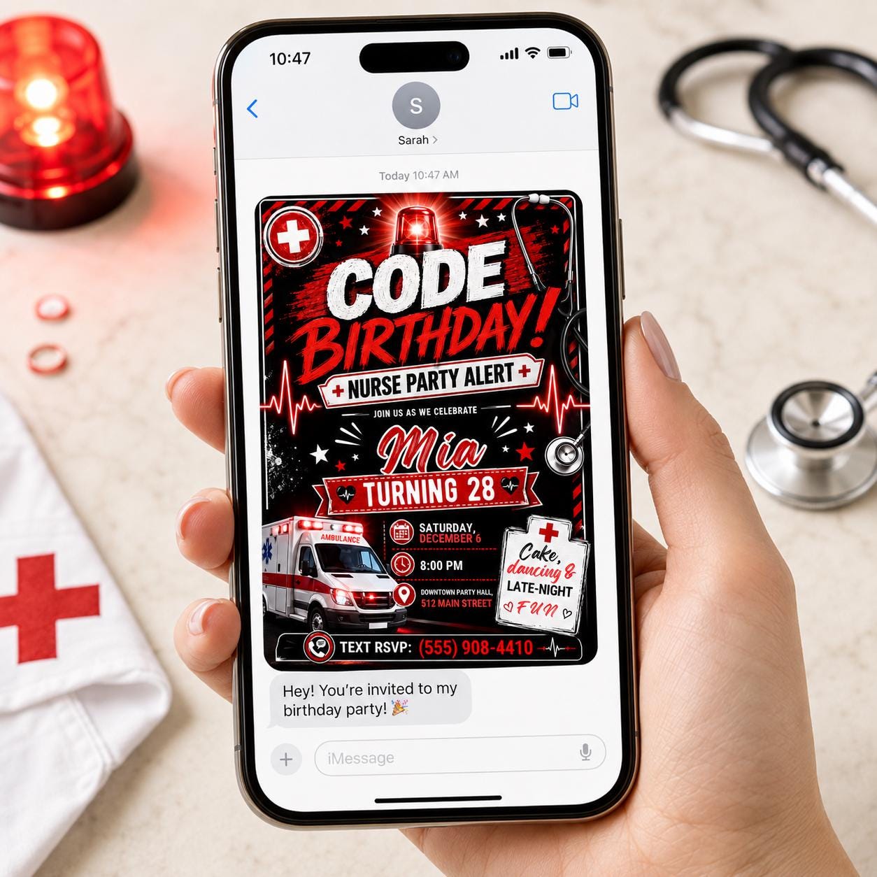 Nurse Birthday Invitation, Red Black Code Birthday 28th Medical Party Alert Editable Canva Template - Image 4