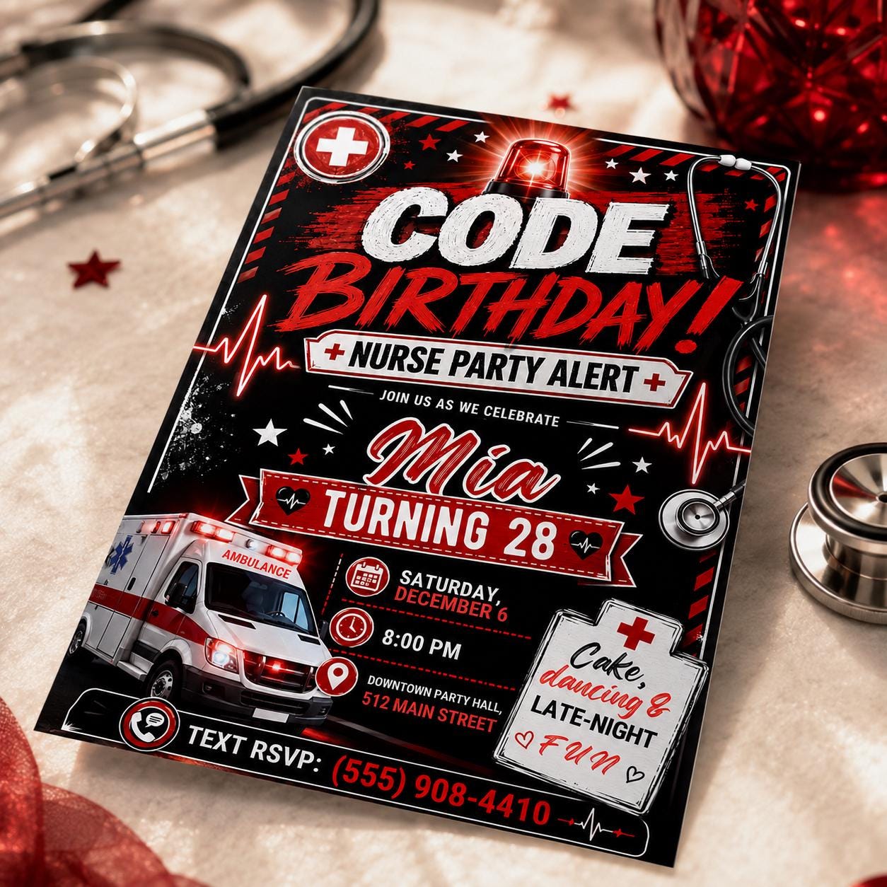 Nurse Birthday Invitation, Red Black Code Birthday 28th Medical Party Alert Editable Canva Template - Image 3