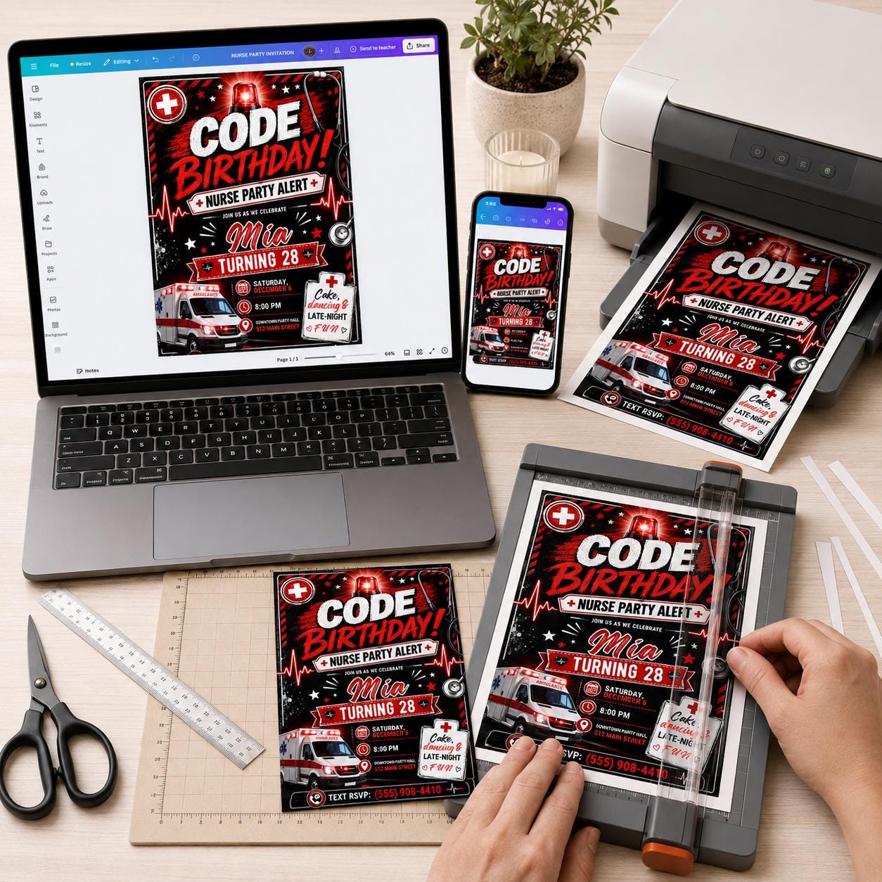 Nurse Birthday Invitation, Red Black Code Birthday 28th Medical Party Alert Editable Canva Template - Image 6