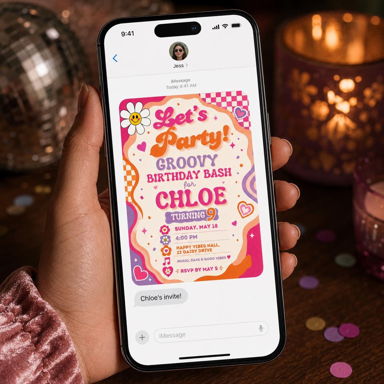 Groovy Birthday Invitation, Retro 70s Girl Party Invite with Pink Orange Flowers, Editable Canva Template - Image 4