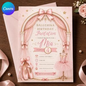 Ballerina Birthday Invitation, Pink Ballet Dance Party Invite for Girls, Tutu Bow 4th Birthday, Editable Canva Template