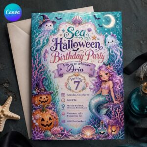 Mermaid Halloween Birthday Invitation, Under the Sea Witch Party Invite for Girls, Spooky Ocean Celebration, Editable Canva Template