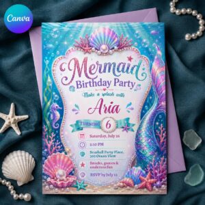 Mermaid Birthday Invitation, Sparkly Under the Sea Girl 6th Party, Editable Printable Canva Template