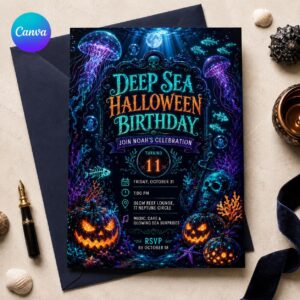 Deep Sea Halloween Birthday Invitation, Neon Ocean 11th Party, Spooky Editable Canva Template