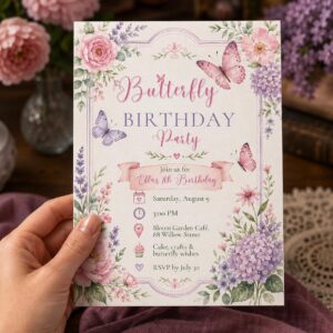 Butterfly Birthday Invitation, Pink Purple Floral Girl 4th Party, Editable Printable Canva Template