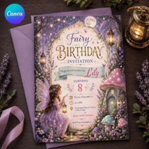 Fairy Birthday Invitation, Enchanted Garden Girl 8th Party, Magical Editable Printable Canva Template