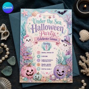 Under the Sea Halloween Birthday Invitation, Cute Ghost Mermaid 4th Party, Editable Printable Canva Template