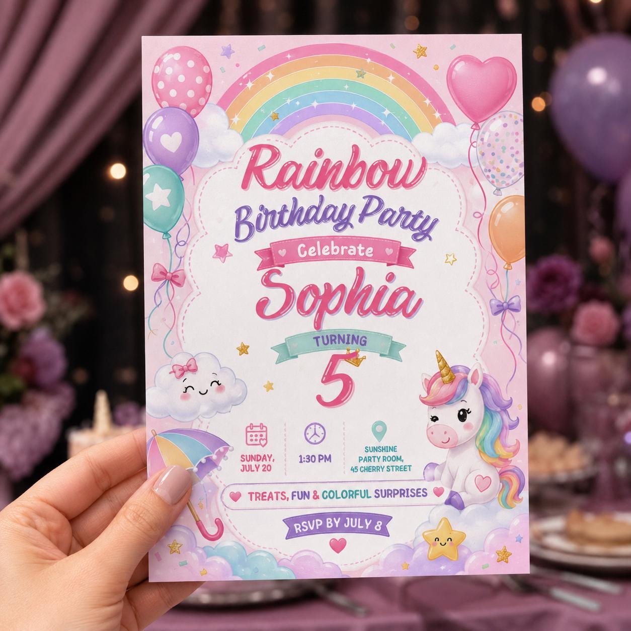 Rainbow Unicorn Birthday Invitation, Pastel Girl 5th Birthday Party, Editable Printable Canva Template - Image 3