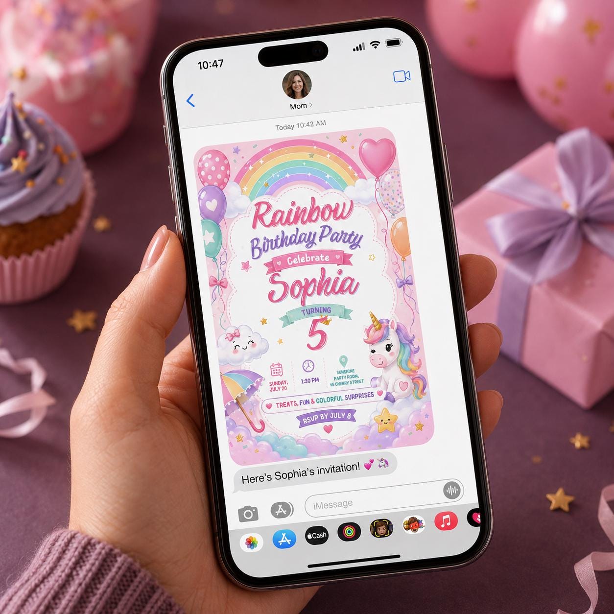 Rainbow Unicorn Birthday Invitation, Pastel Girl 5th Birthday Party, Editable Printable Canva Template - Image 6