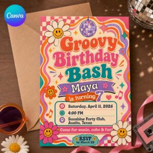 Groovy 7th Birthday Invitation, Retro Disco Girl Party, Colorful Editable Printable Canva Template