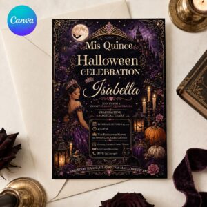 Halloween Quinceanera Invitation, Purple Black Gold Sweet 15 Gothic Party, Editable Printable Canva Template