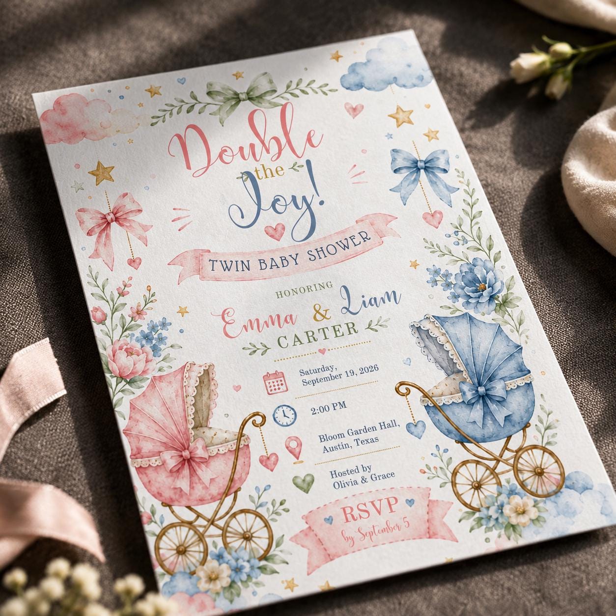 Twin Baby Shower Invitation, Pink Blue Girl Boy Twins, Double the Joy Editable Printable Canva Template - Image 3