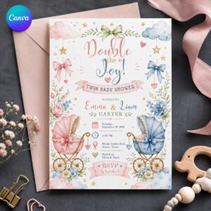 Twin Baby Shower Invitation, Pink Blue Girl Boy Twins, Double the Joy Editable Printable Canva Template