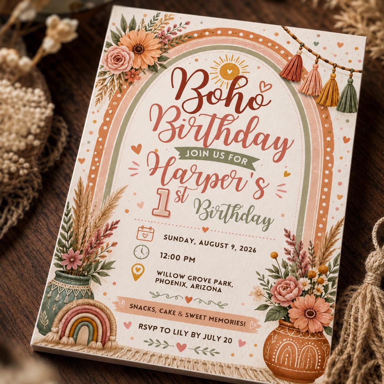 Boho Rainbow First Birthday Invitation, Girl 1st Birthday Floral Party, Editable Printable Canva Template - Image 3