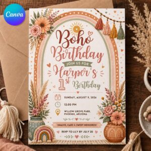 Boho Rainbow First Birthday Invitation, Girl 1st Birthday Floral Party, Editable Printable Canva Template