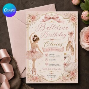 Ballerina Birthday Invitation, Pink Ballet Swan 4th Birthday Girl, Elegant Bow Editable Printable Canva Template