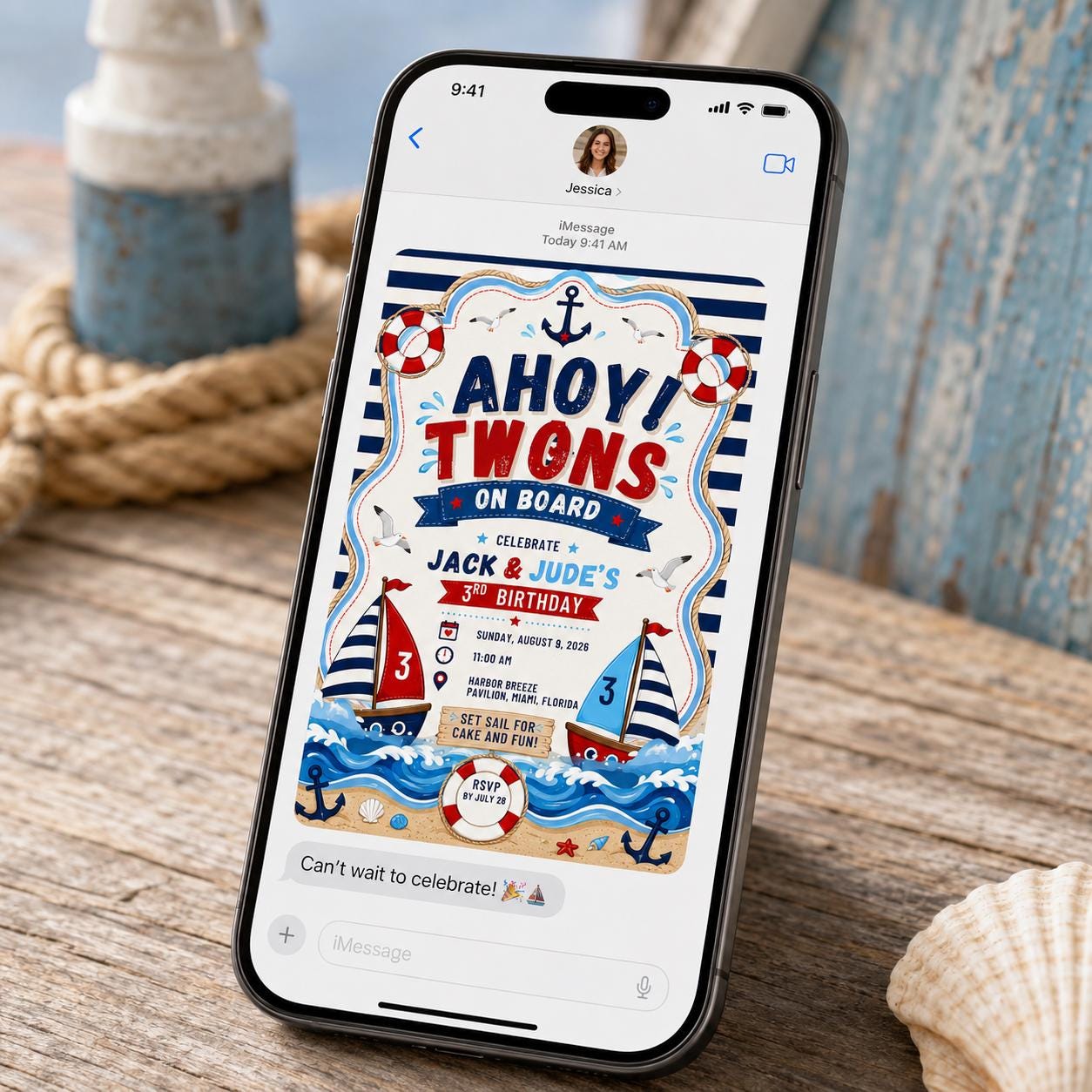 Nautical Twin Birthday Invitation, Ahoy Sailboat Party Invite for Boys 3rd Birthday, Editable Canva Template - Image 6