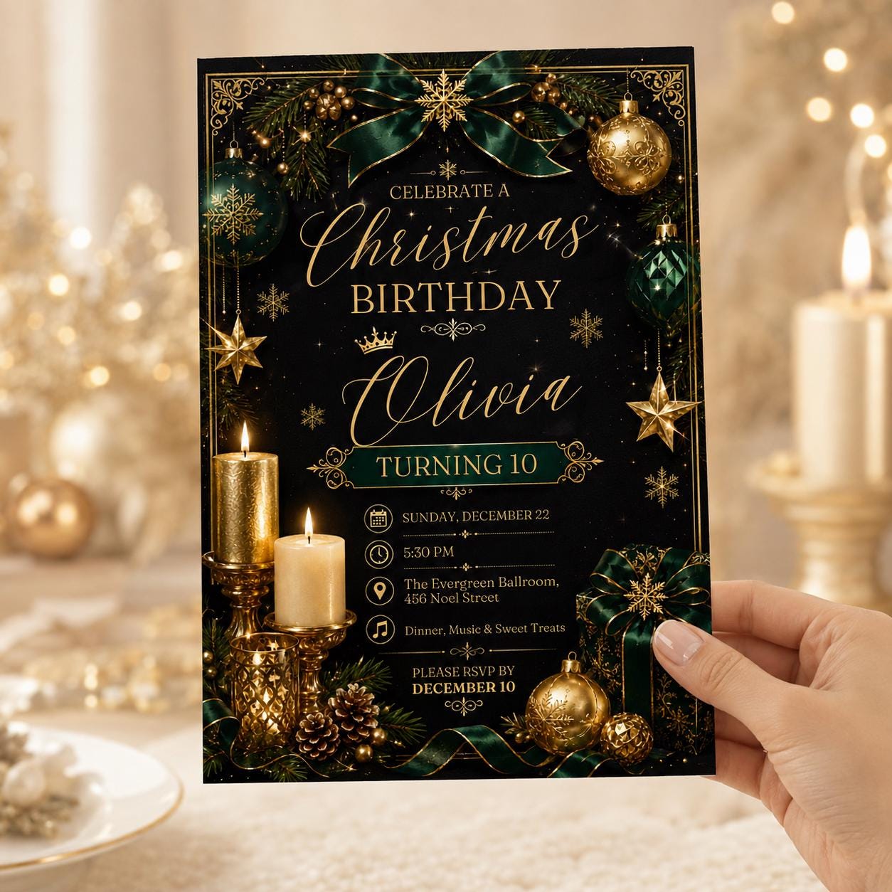 Christmas Birthday Invitation, Elegant Black Gold Holiday Party Invite for Girl 10th Birthday, Editable Canva Template - Image 4